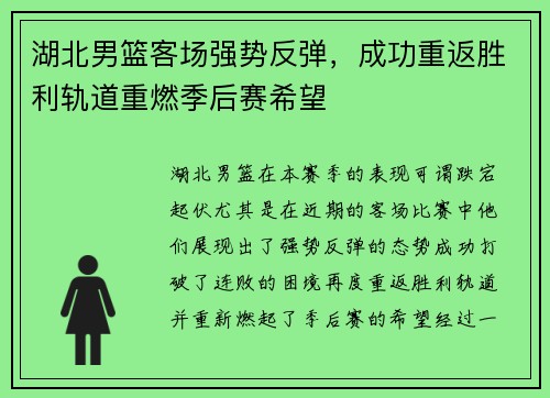 湖北男篮客场强势反弹，成功重返胜利轨道重燃季后赛希望