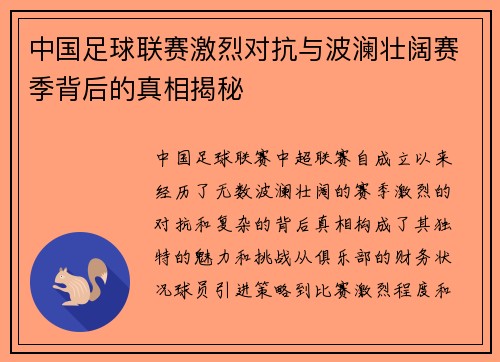 中国足球联赛激烈对抗与波澜壮阔赛季背后的真相揭秘