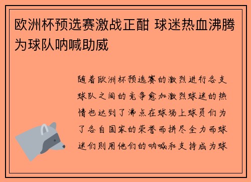 欧洲杯预选赛激战正酣 球迷热血沸腾为球队呐喊助威